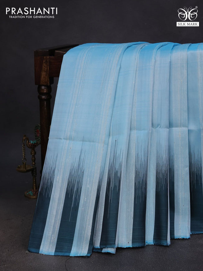 Pure soft silk saree light blue and blue shade with plain body & jute finish and temple design border