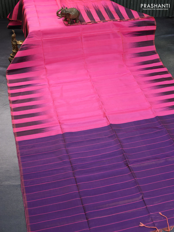 Pure soft silk saree candy pink and dual shade of violet with plain body & jute finish and temple design border