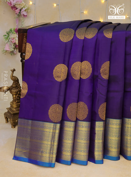 Pure kanchipuram silk saree deep violet and dual shade of cs blue with zari woven buttas and zari woven border