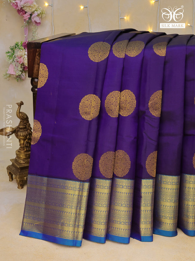 Pure kanchipuram silk saree deep violet and dual shade of cs blue with zari woven buttas and zari woven border