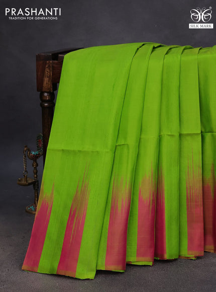 Pure soft silk saree light green and dual shade of pink with plain body & jute finish and temple design border