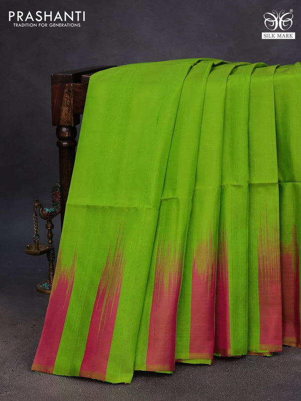 Pure soft silk saree light green and dual shade of pink with plain body & jute finish and temple design border