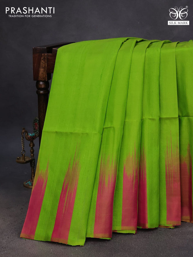 Pure soft silk saree light green and dual shade of pink with plain body & jute finish and temple design border