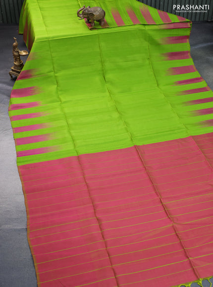 Pure soft silk saree light green and dual shade of pink with plain body & jute finish and temple design border