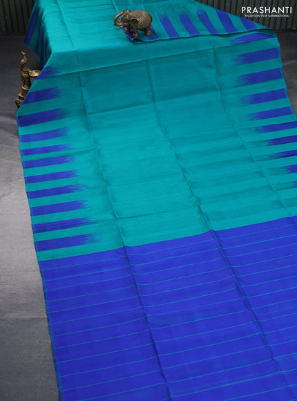 Pure soft silk saree teal green and blue with plain body & jute finish and temple design border