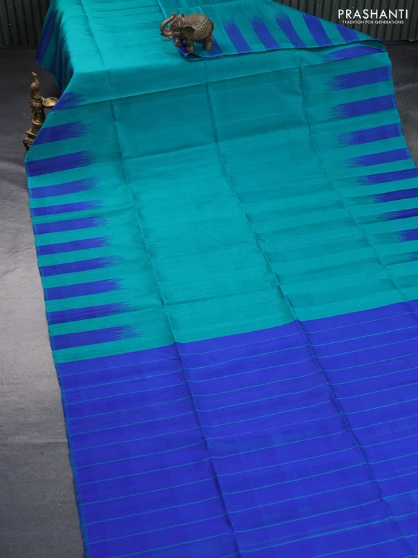 Pure soft silk saree teal green and blue with plain body & jute finish and temple design border