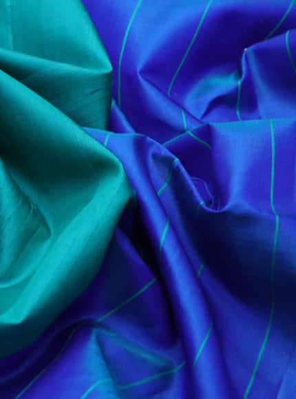 Pure soft silk saree teal green and blue with plain body & jute finish and temple design border