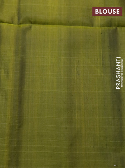 Pure soft silk saree yellow and olive green with plain body & jute finish and temple design border