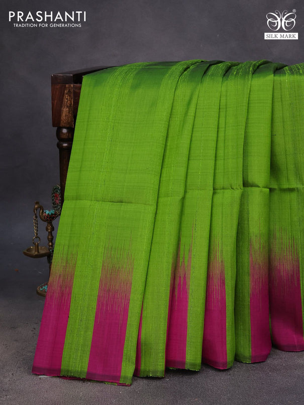 Pure soft silk saree light green and purple with plain body & jute finish and temple design border