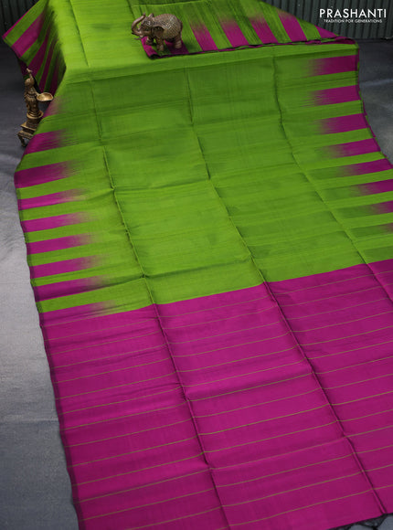 Pure soft silk saree light green and purple with plain body & jute finish and temple design border