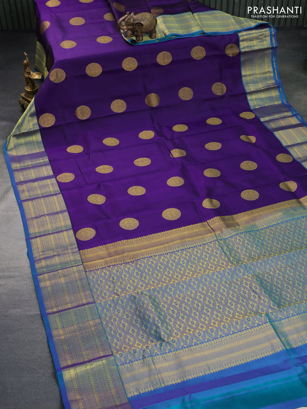 Pure kanchipuram silk saree deep violet and dual shade of cs blue with zari woven buttas and zari woven border