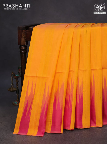 Pure soft silk saree yellow and dual shade of pink with plain body & jute finish and temple design border