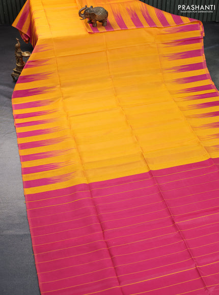 Pure soft silk saree yellow and dual shade of pink with plain body & jute finish and temple design border