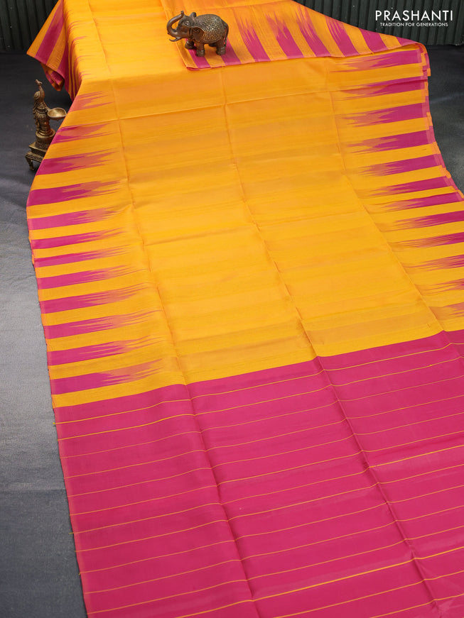 Pure soft silk saree yellow and dual shade of pink with plain body & jute finish and temple design border