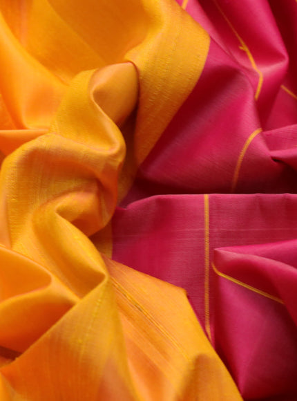 Pure soft silk saree yellow and dual shade of pink with plain body & jute finish and temple design border