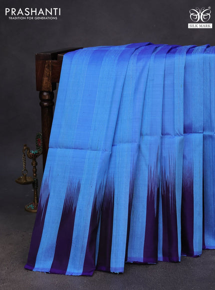 Pure soft silk saree light blue and dark blue with plain body & jute finish and temple design border