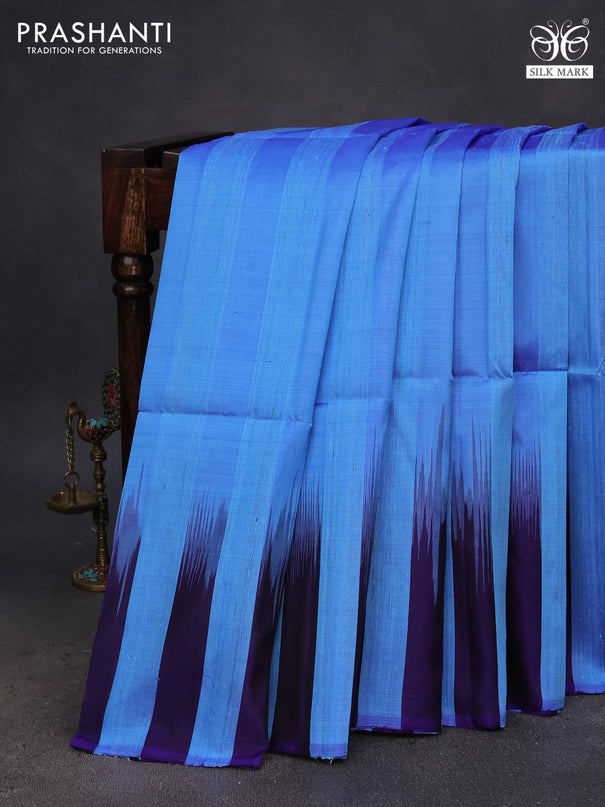 Pure soft silk saree light blue and dark blue with plain body & jute finish and temple design border