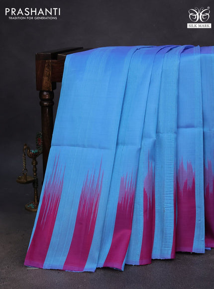 Pure soft silk saree light blue and magenta pink with plain body & jute finish and temple design border