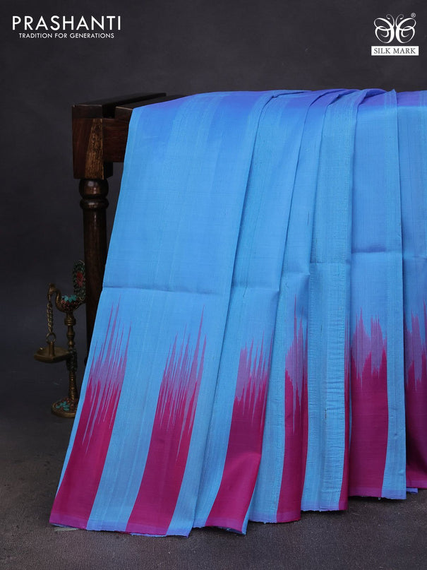 Pure soft silk saree light blue and magenta pink with plain body & jute finish and temple design border