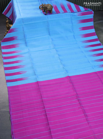 Pure soft silk saree light blue and magenta pink with plain body & jute finish and temple design border