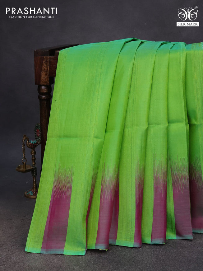 Pure soft silk saree light green and dual shade of magenta pink with plain body & jute finish and temple design border