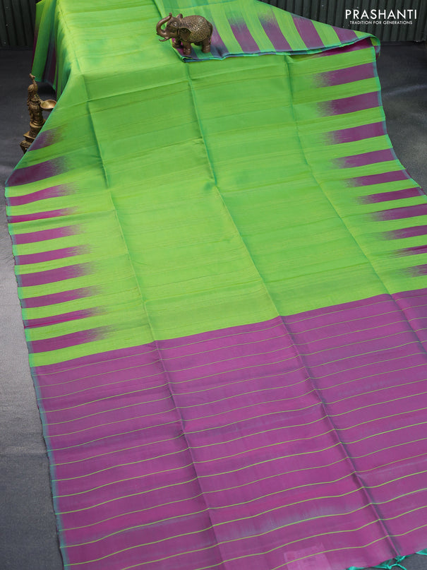 Pure soft silk saree light green and dual shade of magenta pink with plain body & jute finish and temple design border