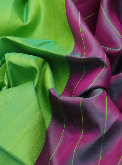 Pure soft silk saree light green and dual shade of magenta pink with plain body & jute finish and temple design border