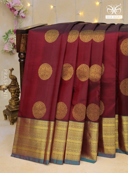 Pure kanchipuram silk saree maroon and peacock green with zari woven buttas and zari woven border