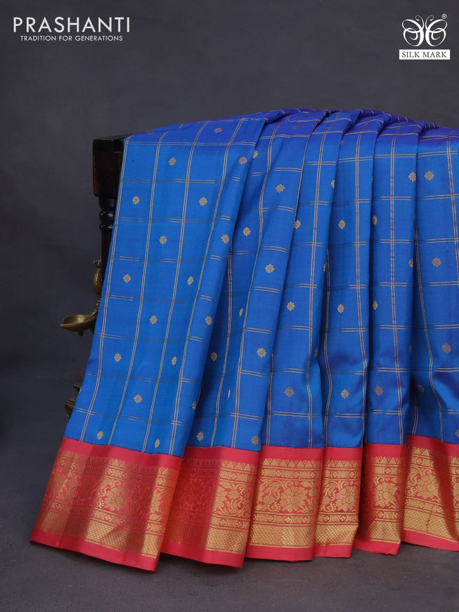 Pure gadwal silk saree peacock blue and pink shade with allover zari checks & buttas and zari woven border