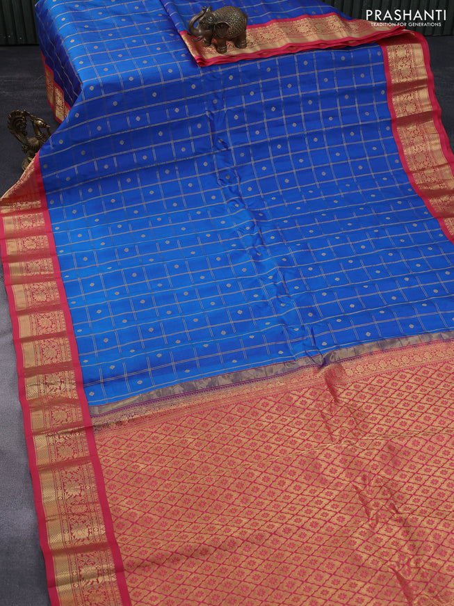 Pure gadwal silk saree peacock blue and pink shade with allover zari checks & buttas and zari woven border