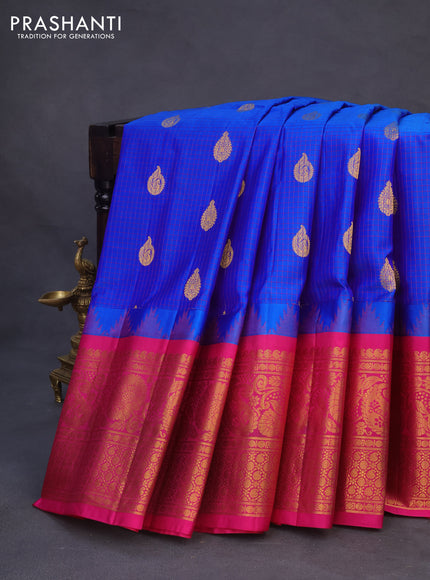 Pure gadwal silk saree blue and pink with allover checked pattern & zari buttas and temple deisgn zari woven border