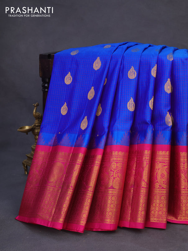 Pure gadwal silk saree blue and pink with allover checked pattern & zari buttas and temple deisgn zari woven border