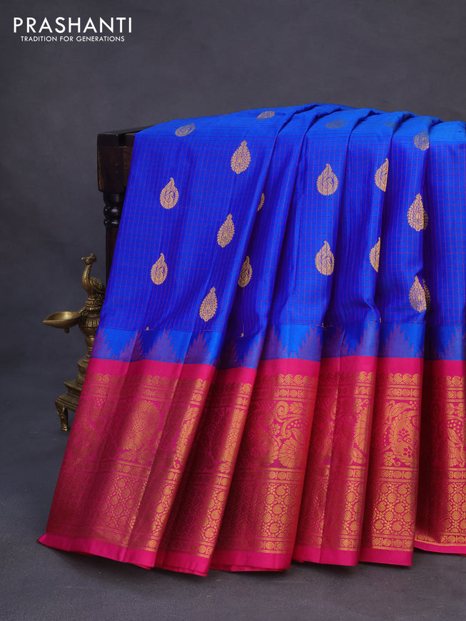 Pure gadwal silk saree blue and pink with allover checked pattern & zari buttas and temple deisgn zari woven border