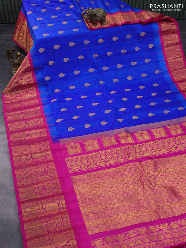 Pure gadwal silk saree blue and pink with allover checked pattern & zari buttas and temple deisgn zari woven border