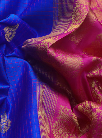 Pure gadwal silk saree blue and pink with allover checked pattern & zari buttas and temple deisgn zari woven border