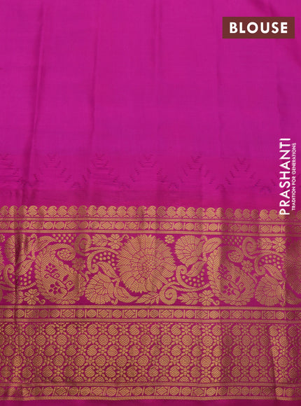 Pure gadwal silk saree blue and pink with allover checked pattern & zari buttas and temple deisgn zari woven border