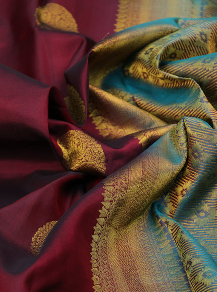 Pure kanchipuram silk saree maroon and peacock green with zari woven buttas and zari woven border