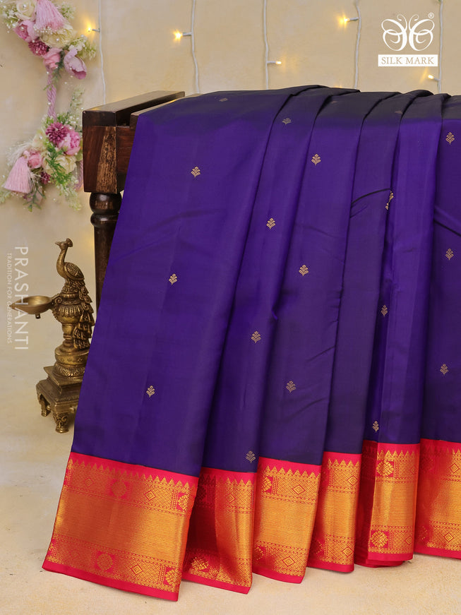 Pure kanchipuram silk saree blue and pink with zari woven buttas and zari woven korvai border