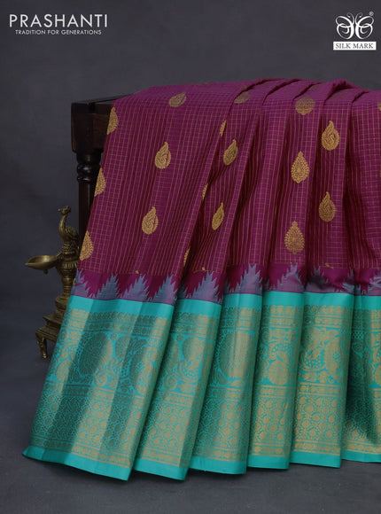 Pure gadwal silk saree deep purple and teal green shade with allover zari checked pattern & zari buttas and temple deisgn zari woven border