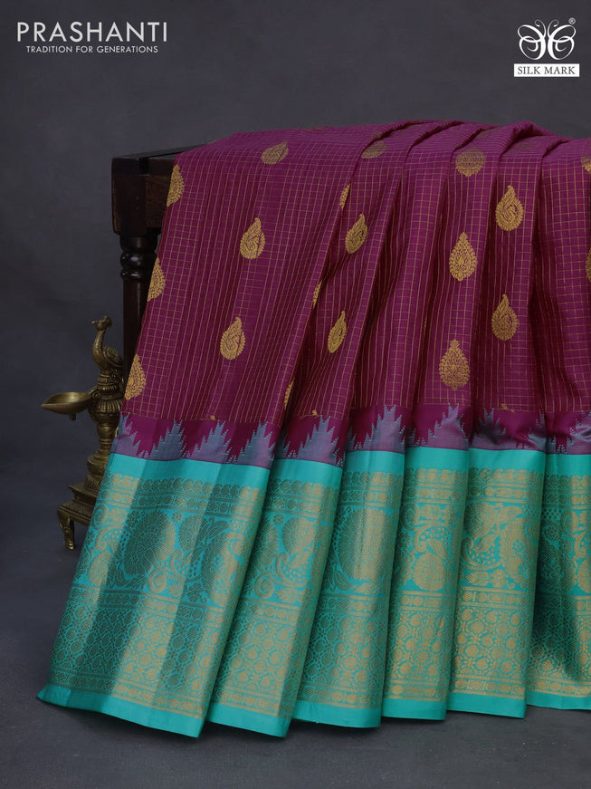 Pure gadwal silk saree deep purple and teal green shade with allover zari checked pattern & zari buttas and temple deisgn zari woven border