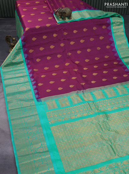 Pure gadwal silk saree deep purple and teal green shade with allover zari checked pattern & zari buttas and temple deisgn zari woven border