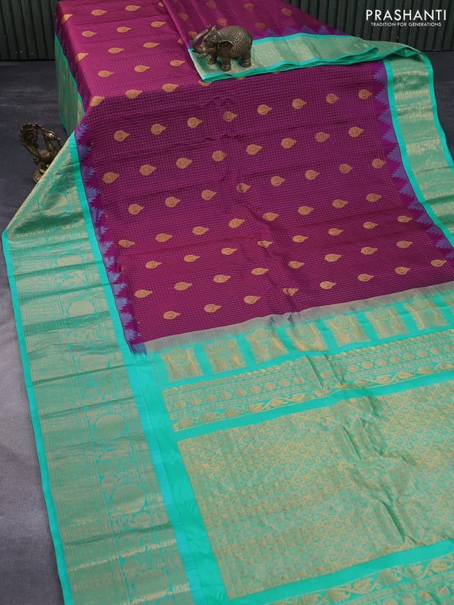 Pure gadwal silk saree deep purple and teal green shade with allover zari checked pattern & zari buttas and temple deisgn zari woven border