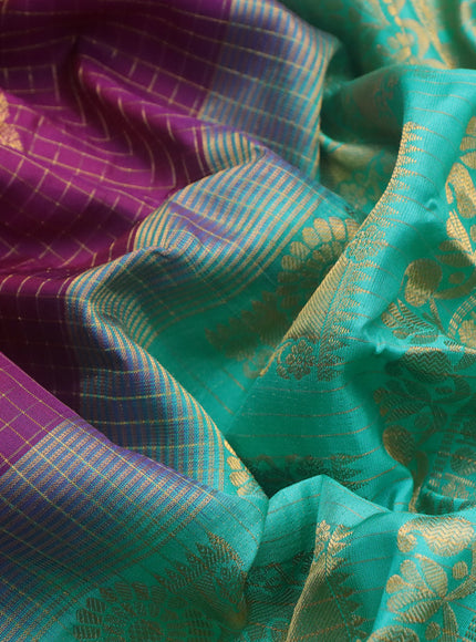 Pure gadwal silk saree deep purple and teal green shade with allover zari checked pattern & zari buttas and temple deisgn zari woven border