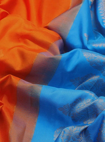 Pure gadwal silk saree orange and cs blue with zari woven buttas and temple deisgn zari woven border