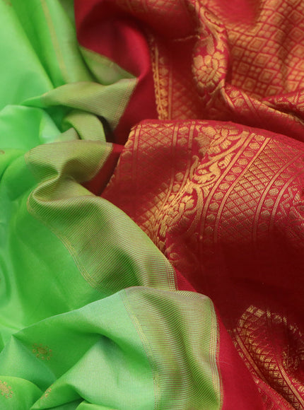 Pure gadwal silk saree light green and red with zari woven buttas and temple deisgn zari woven border