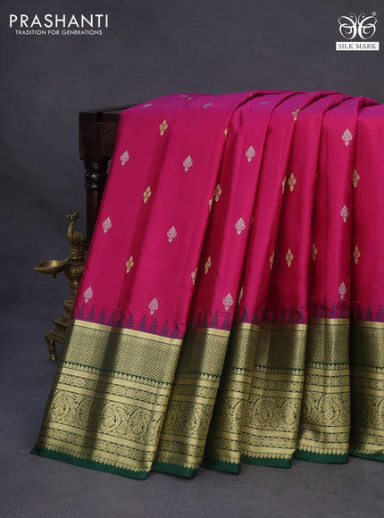 Pure gadwal silk saree pink and green with zari woven buttas and temple deisgn paisley zari woven border