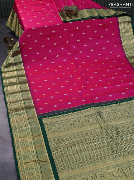 Pure gadwal silk saree pink and green with zari woven buttas and temple deisgn paisley zari woven border