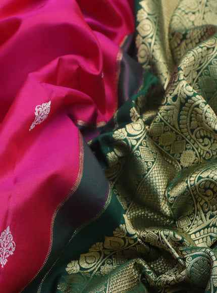 Pure gadwal silk saree pink and green with zari woven buttas and temple deisgn paisley zari woven border