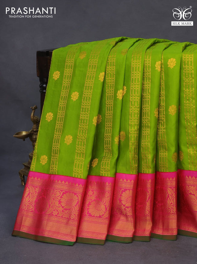 Pure gadwal silk saree green and pink with allover zari weaves & buttas and zari woven border