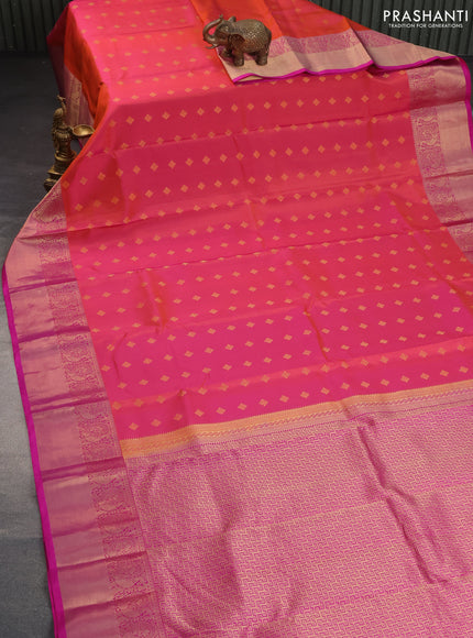 Pure kanchipuram silk saree dual shade of pinkish orange and pink with allover zari woven buttas and annam zari woven border